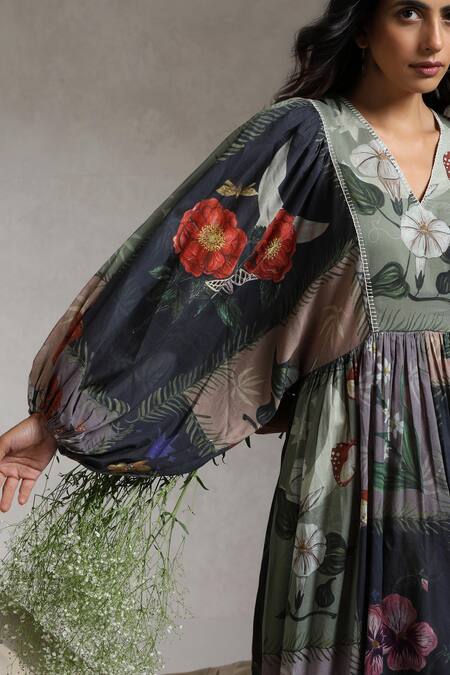 Raiman_Multi Color Cotton Embroidery V-neck The Nightfall Floral Print Dress _Online_at_Aza_Fashions