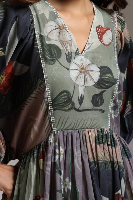 Buy_Raiman_Multi Color Cotton Embroidery V-neck The Nightfall Floral Print Dress _Online_at_Aza_Fashions