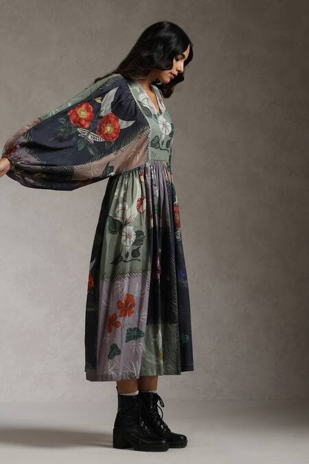 Shop_Raiman_Multi Color Cotton Embroidery V-neck The Nightfall Floral Print Dress _Online_at_Aza_Fashions