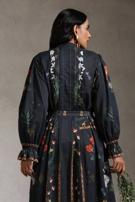 Raiman Black Cotton Mandarin Collar The Stargazer Floral Print Dress Online at Aza Fashions Raiman_Black Cotton Mandarin Collar The Stargazer Floral Print Dress _Online_at_Aza_Fashions