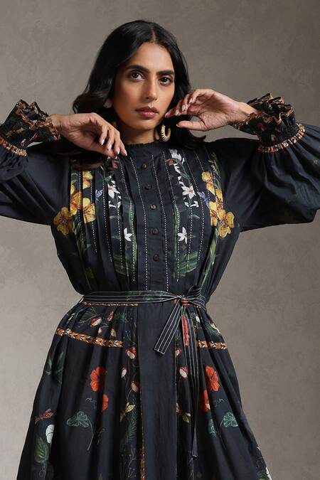 Buy_Raiman_Black Cotton Mandarin Collar The Stargazer Floral Print Dress _Online_at_Aza_Fashions