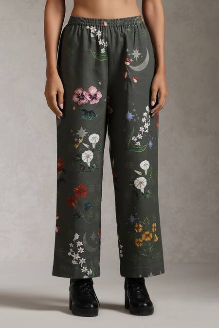 Raiman_Grey Cotton Embroidery Collared The Dreamweaver Floral Print Tunic With Pant _Online_at_Aza_Fashions