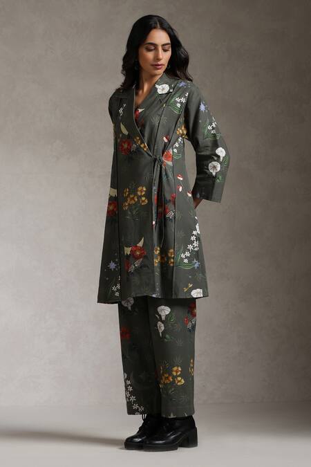 Shop_Raiman_Grey Cotton Embroidery Collared The Dreamweaver Floral Print Tunic With Pant _Online_at_Aza_Fashions