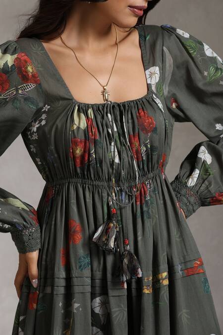 Buy_Raiman_Grey Cotton Lace Square Neck Dreamweaver Floral Print Dress _Online_at_Aza_Fashions