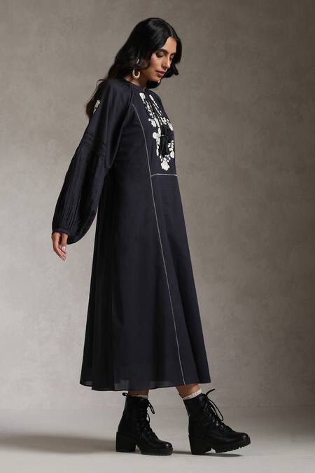 Raiman_Black Cotton Embroidery Mandarin Collar Star Peasant Midi Dress _Online_at_Aza_Fashions