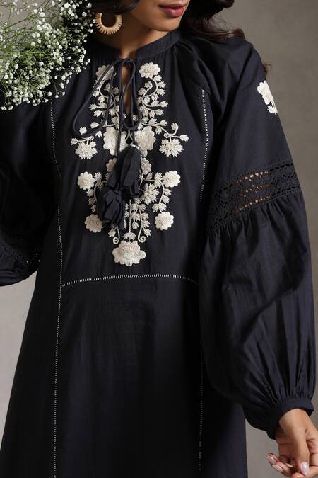 Shop_Raiman_Black Cotton Embroidery Mandarin Collar Star Peasant Midi Dress _Online_at_Aza_Fashions