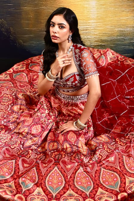 Rashika Sharma_Maroon Net, Satin Embroidery, Sequins Floral Paisley Print Lehenga Set _Online_at_Aza_Fashions