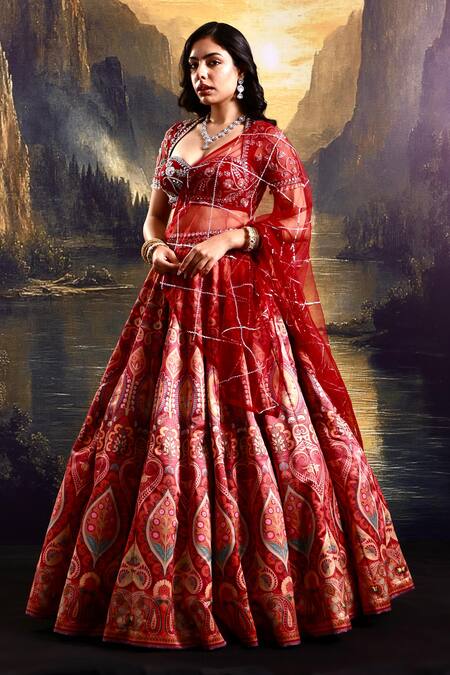 Buy_Rashika Sharma_Maroon Net, Satin Embroidery, Sequins Floral Paisley Print Lehenga Set _Online_at_Aza_Fashions
