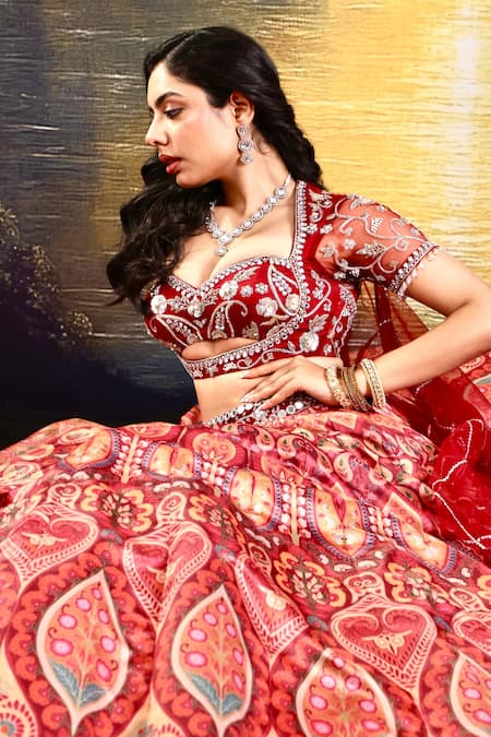 Rashika Sharma_Maroon Net, Satin Embroidery, Sequins Floral Paisley Print Lehenga Set _at_Aza_Fashions