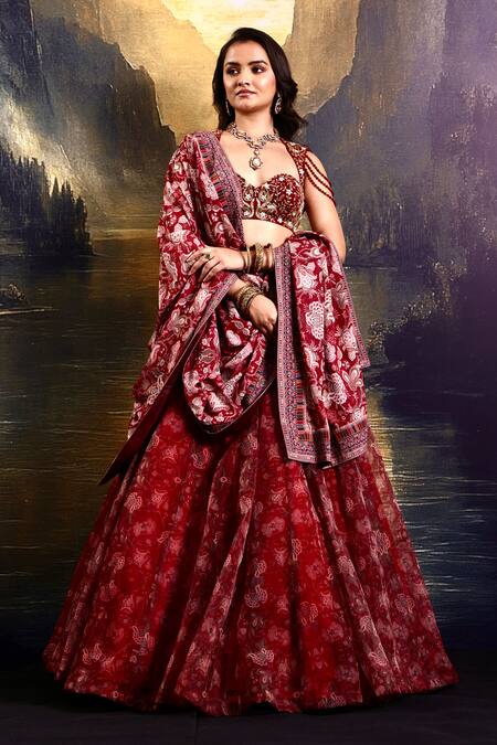 Rashika Sharma Maroon Net, Organza, Satin Beads, Mirrors, Embroidery Floral Print Lehenga Set Online at Aza Fashions Rashika Sharma_Maroon Net, Organza, Satin Beads, Mirrors, Embroidery Floral Print Lehenga Set _Online_at_Aza_Fashions
