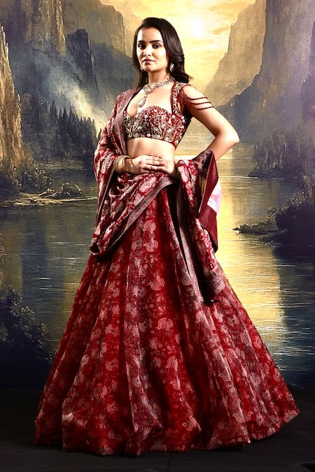 Buy Rashika Sharma Maroon Net, Organza, Satin Beads, Mirrors, Embroidery Floral Print Lehenga Set Online at Aza Fashions Buy_Rashika Sharma_Maroon Net, Organza, Satin Beads, Mirrors, Embroidery Floral Print Lehenga Set _Online_at_Aza_Fashions