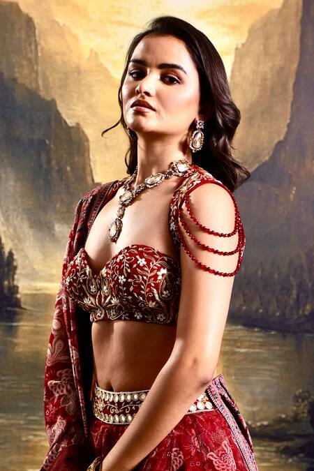 Shop Rashika Sharma Maroon Net, Organza, Satin Beads, Mirrors, Embroidery Floral Print Lehenga Set Online at Aza Fashions Shop_Rashika Sharma_Maroon Net, Organza, Satin Beads, Mirrors, Embroidery Floral Print Lehenga Set _Online_at_Aza_Fashions