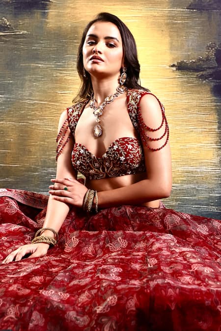Rashika Sharma Maroon Net, Organza, Satin Beads, Mirrors, Embroidery Floral Print Lehenga Set at Aza Fashions Rashika Sharma_Maroon Net, Organza, Satin Beads, Mirrors, Embroidery Floral Print Lehenga Set _at_Aza_Fashions