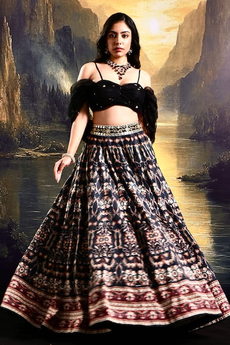 Rashika Sharma Black Lehenga Suede Printed Thread Sweetheart Pleated With Blouse 