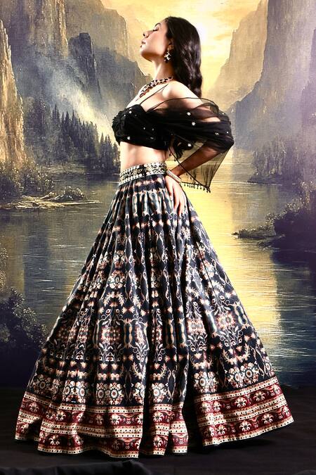 Rashika Sharma_Black Net, Suede Beads, Sequins, Zari Pleated Printed Lehenga With Blouse _at_Aza_Fashions