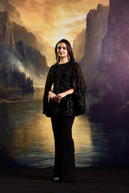 Rashika Sharma Black Georgette, Crepe Mirrors, Embroidered Cape Sleeve Kurta And Flared Pant Online at Aza Fashions Rashika Sharma_Black Georgette, Crepe Mirrors, Embroidered Cape Sleeve Kurta And Flared Pant _Online_at_Aza_Fashions