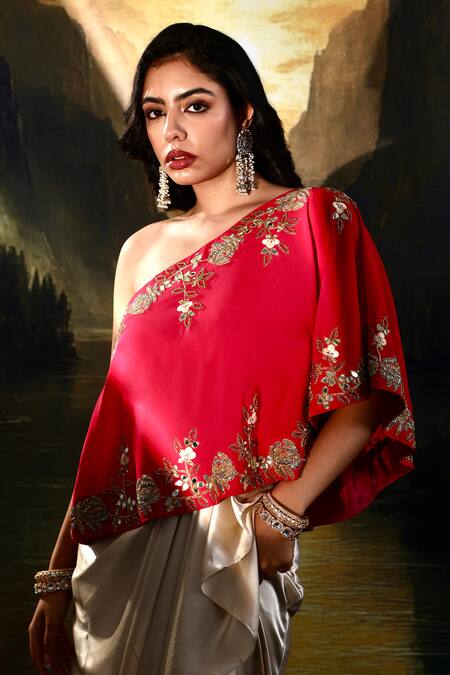 Buy_Rashika Sharma_Pink Satin Embroidered One-shoulder Cape Draped Skirt Set _Online_at_Aza_Fashions