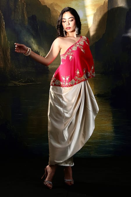 Shop_Rashika Sharma_Pink Satin Embroidered One-shoulder Cape Draped Skirt Set _Online_at_Aza_Fashions