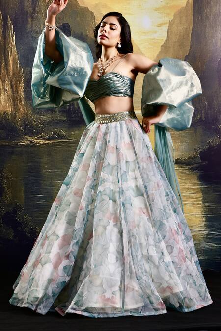 Rashika Sharma_White Tissue, Organza, Net Sequins, Zari Floral Print Embroidered Lehenga Set _Online_at_Aza_Fashions