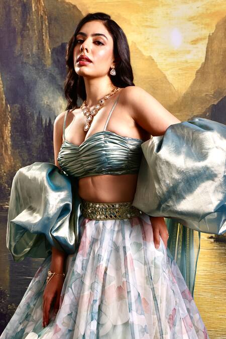 Shop_Rashika Sharma_White Tissue, Organza, Net Sequins, Zari Floral Print Embroidered Lehenga Set _Online_at_Aza_Fashions