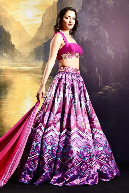 Rashika Sharma Magenta Silk, Satin, Georgette Mirrors, Floral Geometric Print Lehenga Set Online at Aza Fashions Rashika Sharma_Magenta Silk, Satin, Georgette Mirrors, Floral Geometric Print Lehenga Set _Online_at_Aza_Fashions