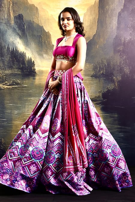 Buy Rashika Sharma Magenta Silk, Satin, Georgette Mirrors, Floral Geometric Print Lehenga Set Online at Aza Fashions Buy_Rashika Sharma_Magenta Silk, Satin, Georgette Mirrors, Floral Geometric Print Lehenga Set _Online_at_Aza_Fashions