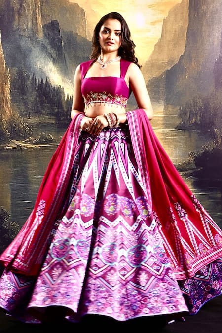 Shop Rashika Sharma Magenta Silk, Satin, Georgette Mirrors, Floral Geometric Print Lehenga Set Online at Aza Fashions Shop_Rashika Sharma_Magenta Silk, Satin, Georgette Mirrors, Floral Geometric Print Lehenga Set _Online_at_Aza_Fashions