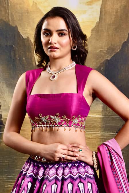 Rashika Sharma Magenta Silk, Satin, Georgette Mirrors, Floral Geometric Print Lehenga Set at Aza Fashions Rashika Sharma_Magenta Silk, Satin, Georgette Mirrors, Floral Geometric Print Lehenga Set _at_Aza_Fashions