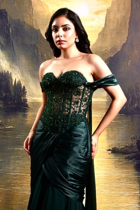Rashika Sharma_Green Net, Satin, Georgette Sequins, Beads, Embroidered Corset And Skirt Set _Online_at_Aza_Fashions