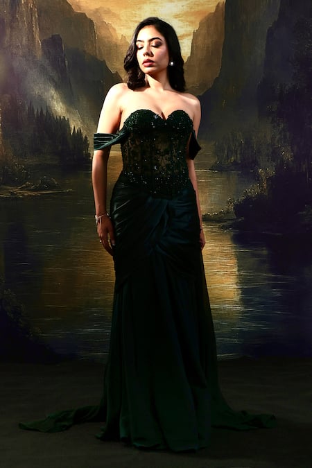 Shop_Rashika Sharma_Green Net, Satin, Georgette Sequins, Beads, Embroidered Corset And Skirt Set _Online_at_Aza_Fashions