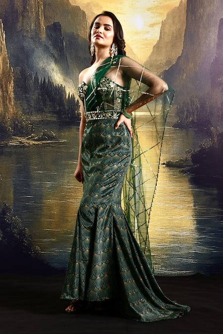 Rashika Sharma_Green Crepe, Net Beads, Sequins Asymmetric Embroidered Draped Gown _Online_at_Aza_Fashions