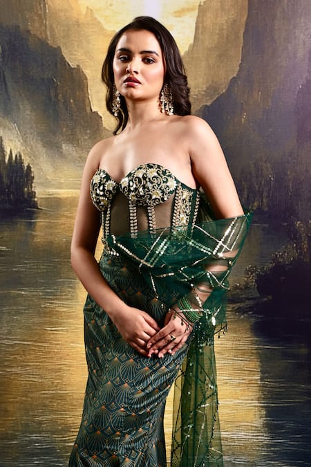 Shop_Rashika Sharma_Green Crepe, Net Beads, Sequins Asymmetric Embroidered Draped Gown _Online_at_Aza_Fashions