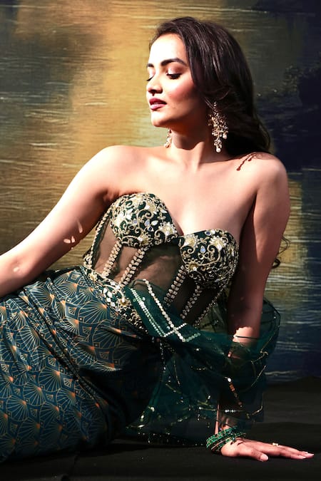 Rashika Sharma_Green Crepe, Net Beads, Sequins Asymmetric Embroidered Draped Gown _at_Aza_Fashions