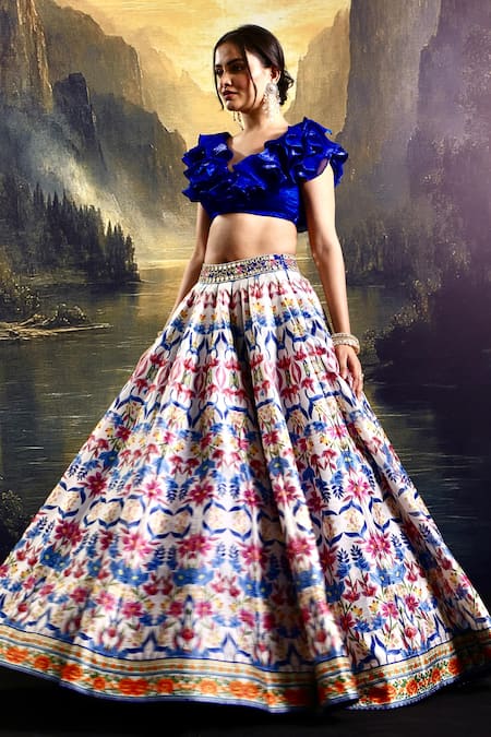 Rashika Sharma_Multi Color Satin, Organza, Silk Sequins Printed Lehenga With Ruffled Blouse _Online_at_Aza_Fashions
