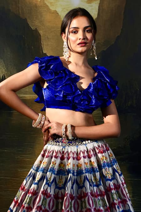 Buy_Rashika Sharma_Multi Color Satin, Organza, Silk Sequins Printed Lehenga With Ruffled Blouse _Online_at_Aza_Fashions