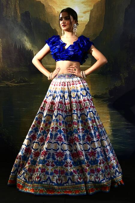Shop_Rashika Sharma_Multi Color Satin, Organza, Silk Sequins Printed Lehenga With Ruffled Blouse _Online_at_Aza_Fashions