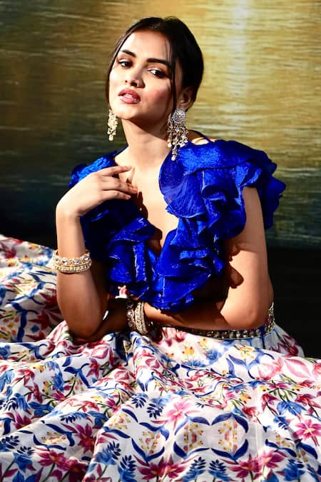 Rashika Sharma_Multi Color Satin, Organza, Silk Sequins Printed Lehenga With Ruffled Blouse _at_Aza_Fashions