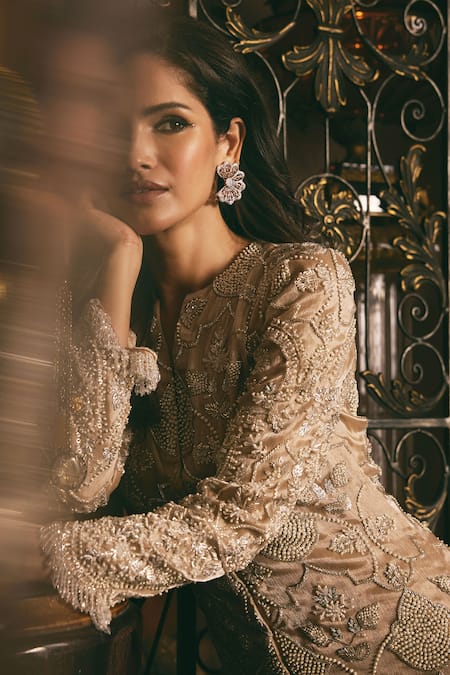 Studio22 By Pulkita Arora Bajaj_Beige Organza Pearls, Crystals, Allure Floral Straight Kurta With Wide Pant _Online_at_Aza_Fashions