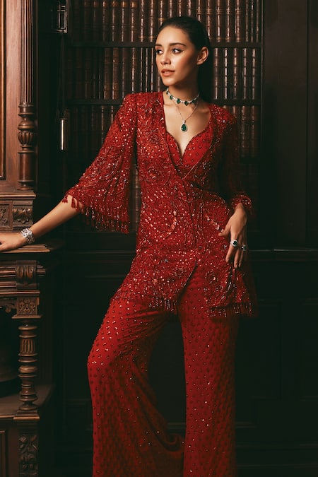 Studio22 By Pulkita Arora Bajaj_Red Georgette Sequins, Crystals, Celestial Floral Embroidered Tunic And Pant Set _Online_at_Aza_Fashions