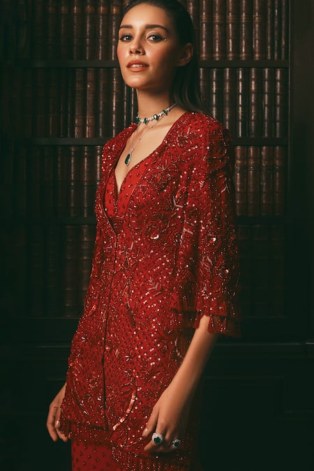 Buy_Studio22 By Pulkita Arora Bajaj_Red Georgette Sequins, Crystals, Celestial Floral Embroidered Tunic And Pant Set _Online_at_Aza_Fashions