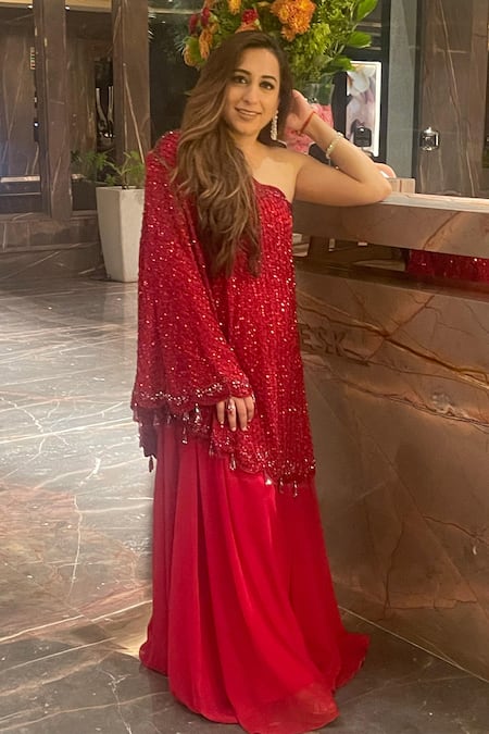 Studio22 by Pulkita Arora Bajaj Red Georgette Embroidery Sequins One Crescent Crystal Cape With Sharara 