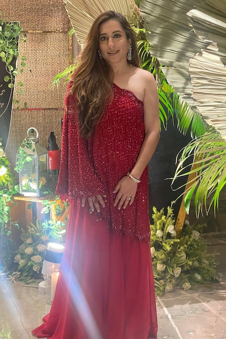 Studio22 By Pulkita Arora Bajaj_Red Georgette Tassels Crescent Crystal Embroidered Cape With Sharara _Online_at_Aza_Fashions