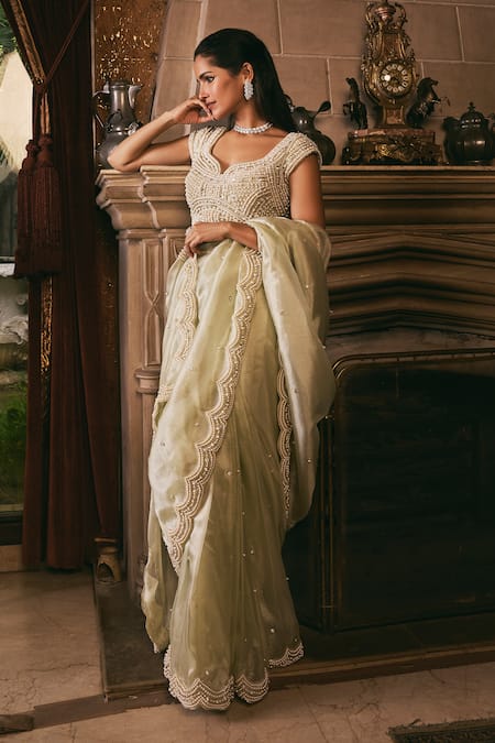 Studio22 By Pulkita Arora Bajaj_Green Organza Pearls, Beads, Embroidery Boat Neck Divine Glow Saree With Blouse _Online_at_Aza_Fashions