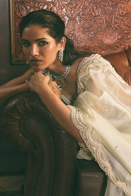 Buy_Studio22 By Pulkita Arora Bajaj_Green Organza Pearls, Beads, Embroidery Boat Neck Divine Glow Saree With Blouse _Online_at_Aza_Fashions