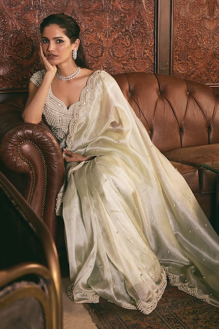 Shop_Studio22 By Pulkita Arora Bajaj_Green Organza Pearls, Beads, Embroidery Boat Neck Divine Glow Saree With Blouse _Online_at_Aza_Fashions