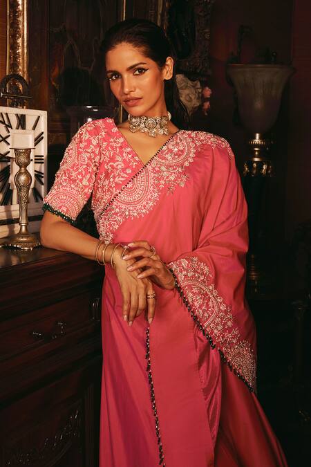Buy_Studio22 By Pulkita Arora Bajaj_Pink Silk Pearls, Beads, Tassels Divine Meadow Embroidered Cape With Sharara _Online_at_Aza_Fashions