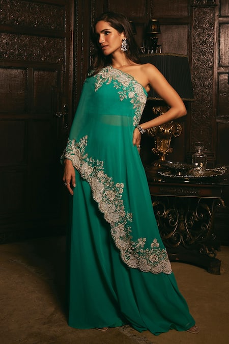 Studio22 by Pulkita Arora Bajaj Green Georgette Embroidery Beads Cape One Dreamscape Floral And Sharara Set 