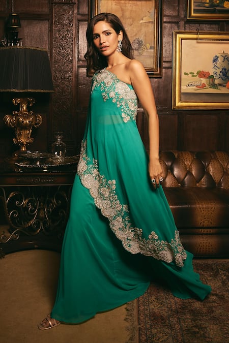 Buy_Studio22 By Pulkita Arora Bajaj_Green Georgette Pearls, Beads Dreamscape Floral Embroidered Cape And Sharara Set _Online_at_Aza_Fashions