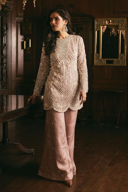 Studio22 by Pulkita Arora Bajaj Pink Organza Embroidery Beads Round Dreamweaver Pearl Kurta With Sharara 