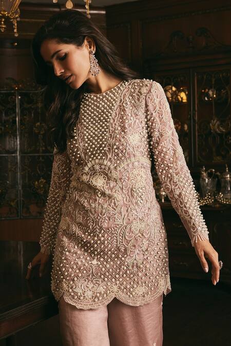 Studio22 By Pulkita Arora Bajaj_Pink Organza Pearls, Beads Round Dreamweaver Embroidered Kurta With Sharara _at_Aza_Fashions